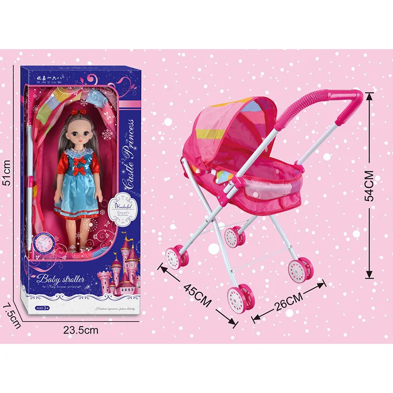 12 Inch Sweet Doll Cart Pink Toy Doll Stroller Pretend Play Toys