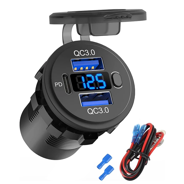 12 Volt USB Outlet Dual Quick Charge 3.0 Port PD USB C Car Charger Socket with Voltmeter Switch for Car Boat marine