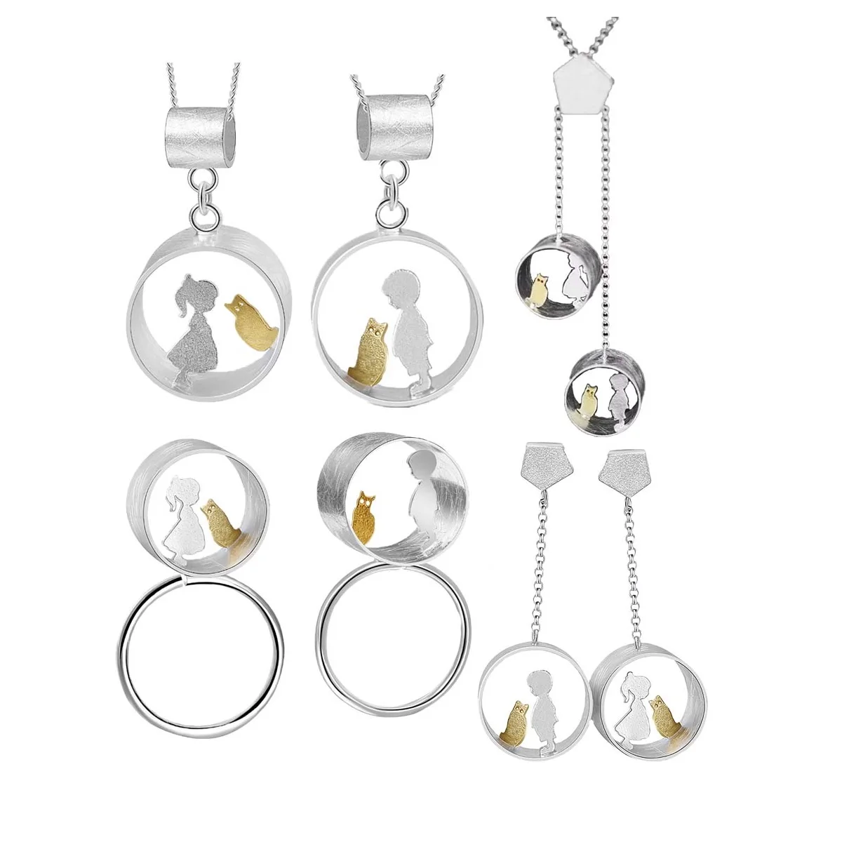 Lotus Fun handmade 925 sterling Silver 18k gold plated girl and boy With Cat ring earrings pendant necklace couple jewelry set