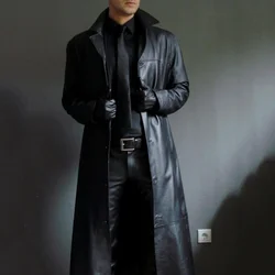 Trendy Fashion Solid Color Leather Windproof Long Trench Coat Windbreaker Jacket For Men