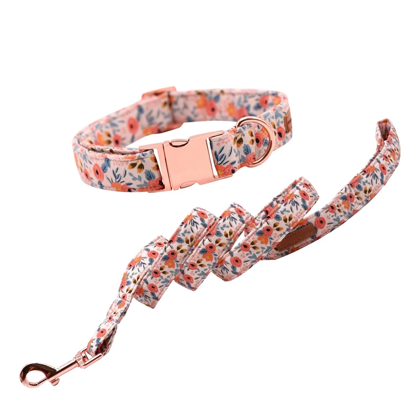personalized floral luxury nylon dog collar and leash set polyester metal buckle adjustable pet collar designer custom dog leash