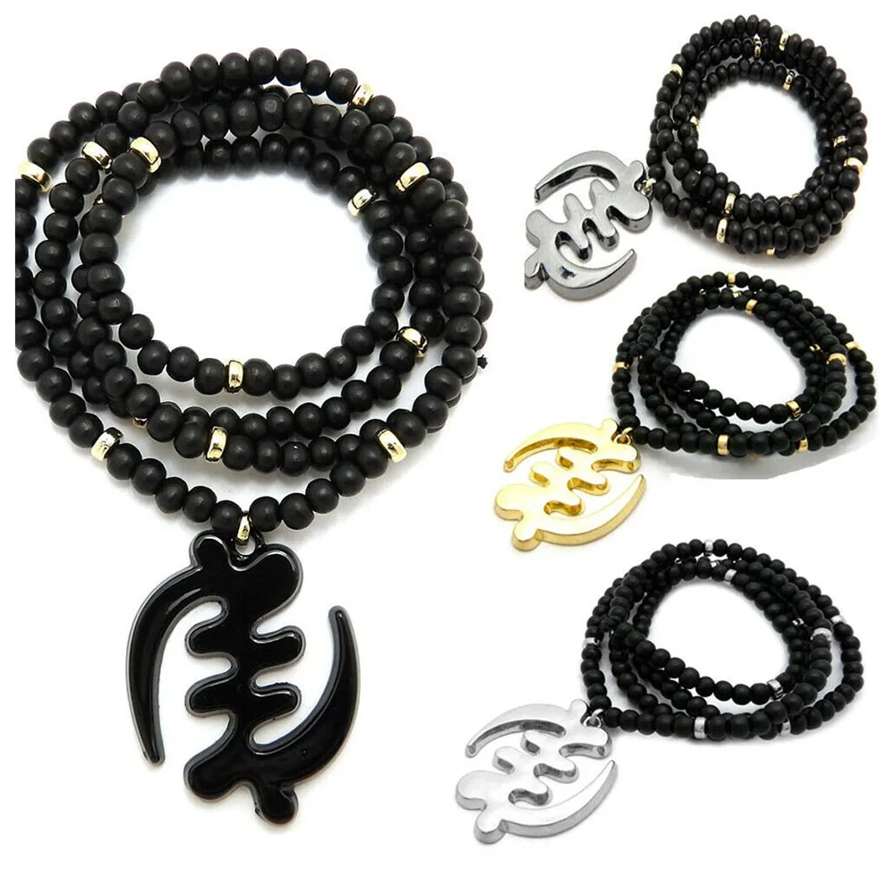 Egyptian God of Akan Gye Nyame Pendant 6mm 30inch Black Wood Bead Hip Hop Necklace