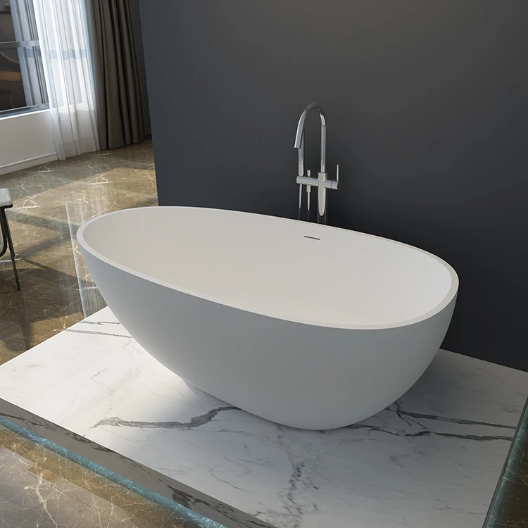 Fanwin Oval White Artificial Stone Stone Resin Bathtubs Hotel Bath Freestanding Tub Solid Modern Bathroom Bathtub