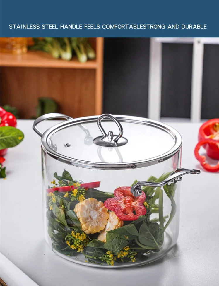 Hot selling big size clear double-ear cooking pot glass cookware set with stainless steel lid