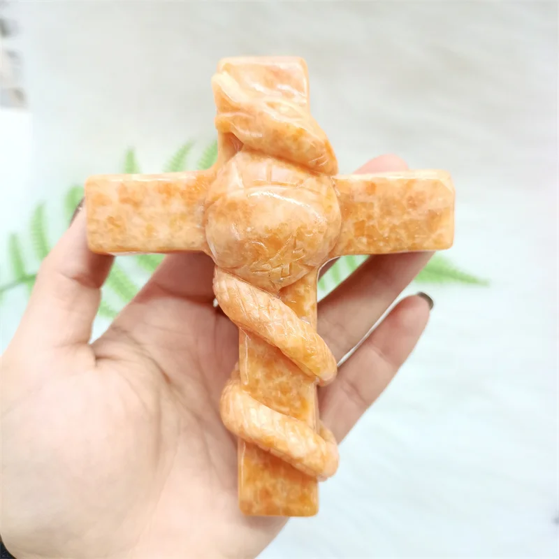 Hot Sale Natural Sun Stone 14cm Crystal Cross with Snake for Home Decoration