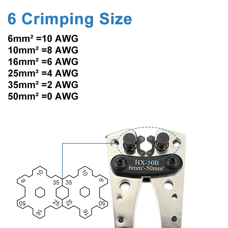 Factory Sale HX-50B 10-0AWG SC 6-50mm2 60pcs Non Insulated cold press Precision Cable Lugs Wire Terminals crimping pliers