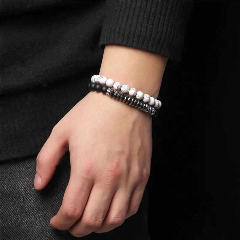 Stone Bracelet Set Elastic Black Hematite Natural Stone Bracelet Turquoise New Trendy Business Gift for Men Women Hand Bracelet