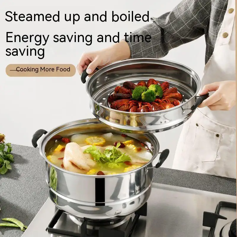 Stainless Steel Steamer Three-layer Pot Soup Double Bottom Gas Induction Cooker with Steam Grid Cooking Cover