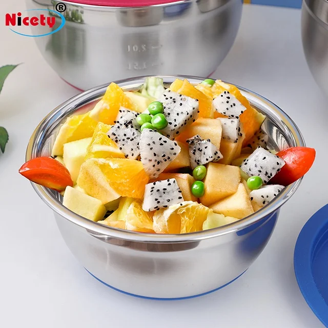 Nicety new arrival 18cm stainless steel salad bowl with rubber bottom mixing bowl kitchen for fruit camping easy to clean