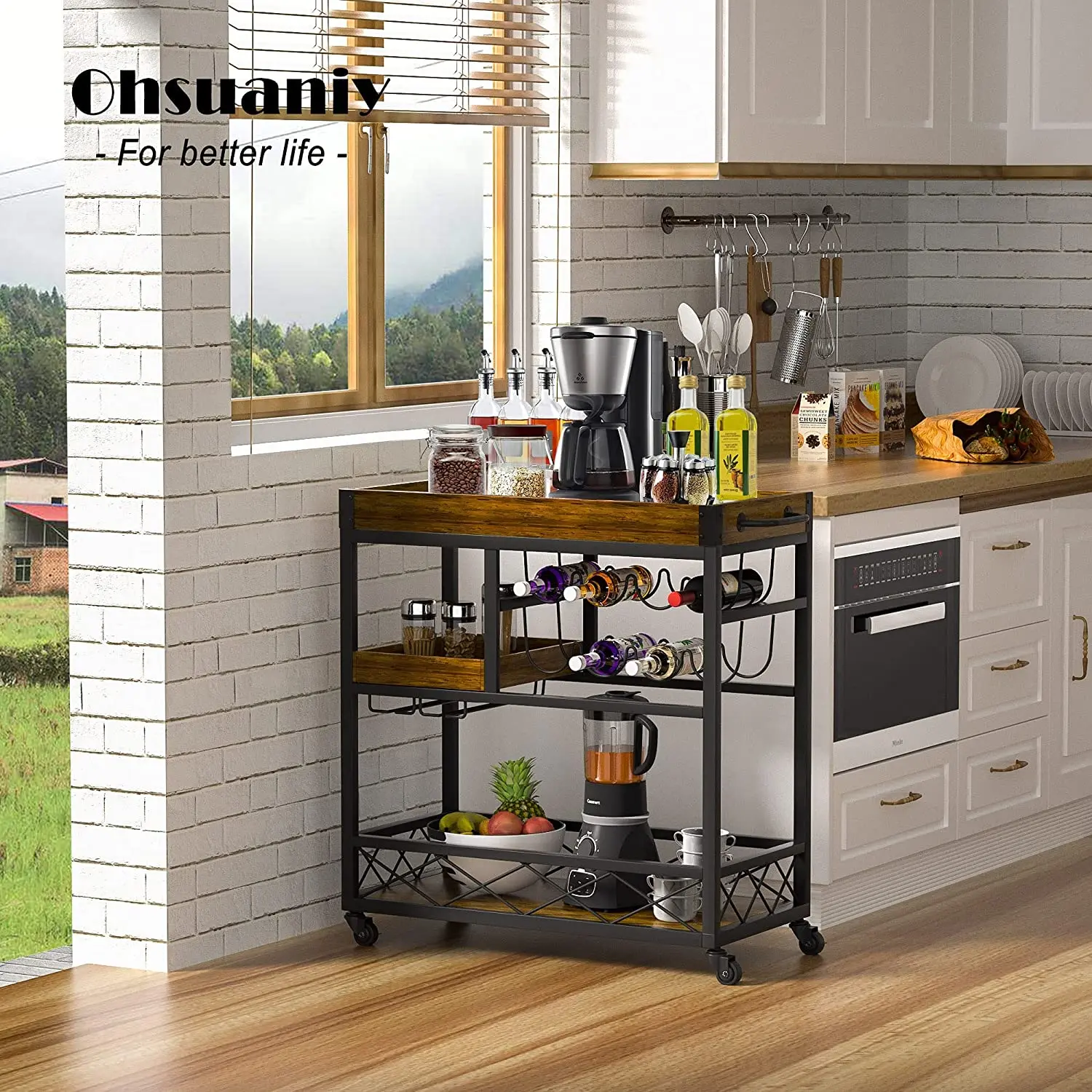 Industrial Kitchen Bar Serving Carts 3 Tier Storage Trolley with Wine Rack Glass Holder Rack for Kitchen Home