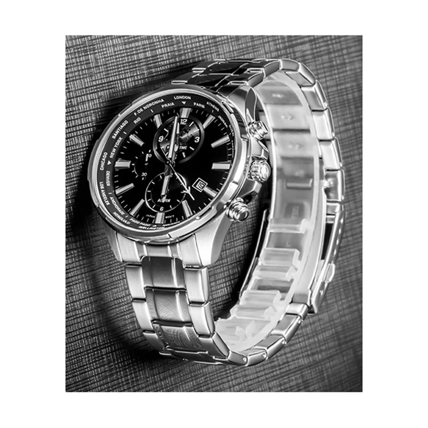 Popular stainless steel case calendar alarm GMT Japanese movement men waterproof quartz watch