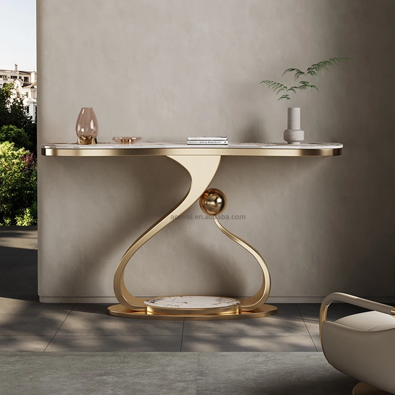 Современный отель индивидуальная мебель Прихожая спеченный камень длинный узкий боковой стол золото из нержавеющей стали мрамор роскошный консольный стол