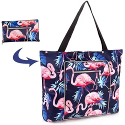 Factory new designer wholesale light weight ladies flamingo printed logo  handbag fold tote beach bag with zip