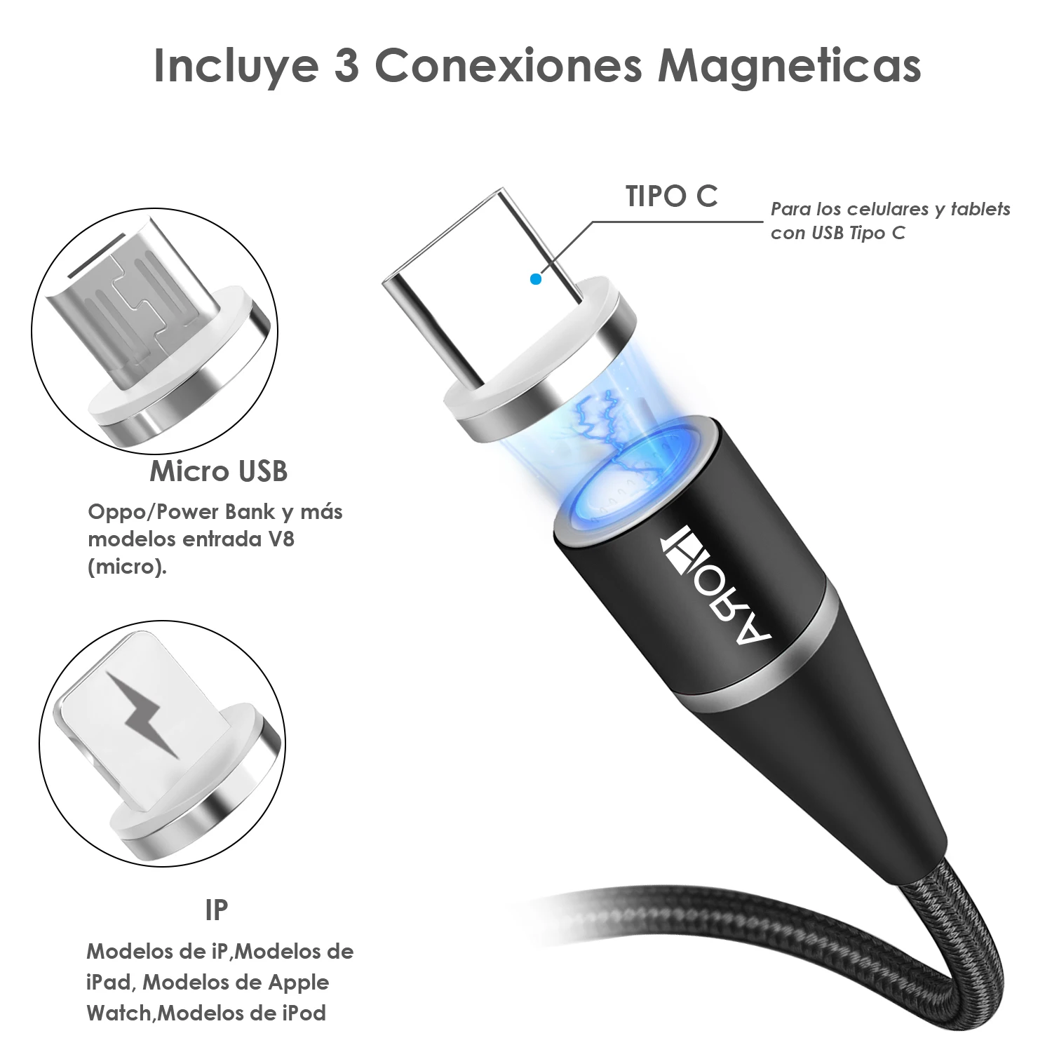 Магнитный кабель 1 HORA Iman 3 en быстрая зарядка Usb V8 Ip Tipo