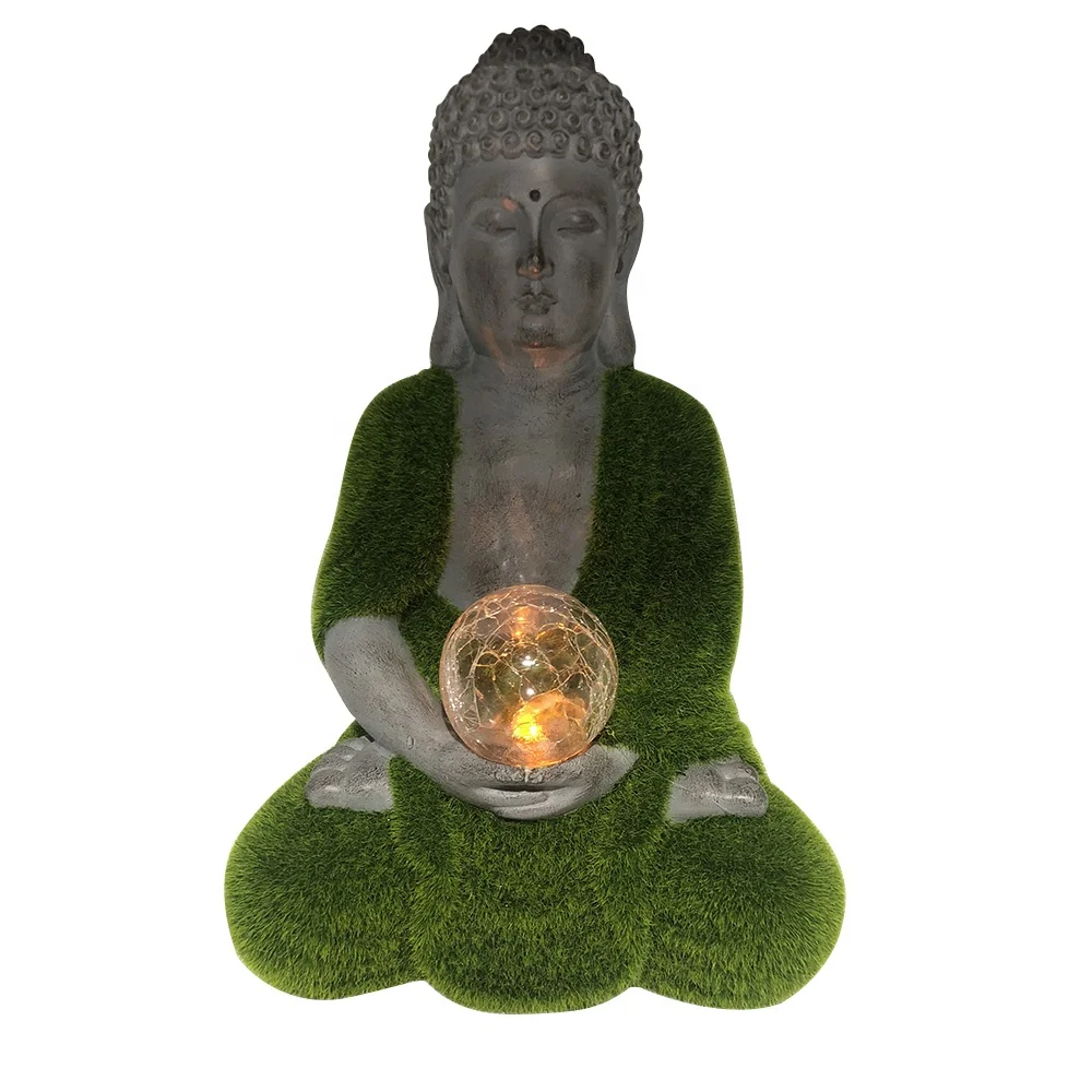 Hotsell OEM Zen fengshui home and garden decor artificial moss finished meditation resin buddha statue with Led glass ball