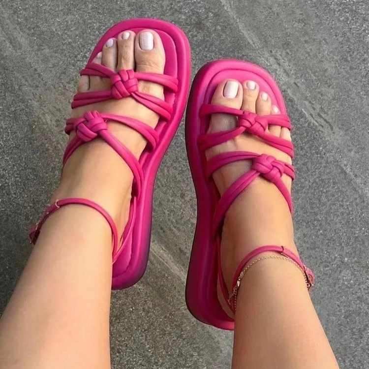 KF-95 2023 Creative summer shoes designs plain candy colors Knotted rope sandals for women ankle wrap flat beach sandals