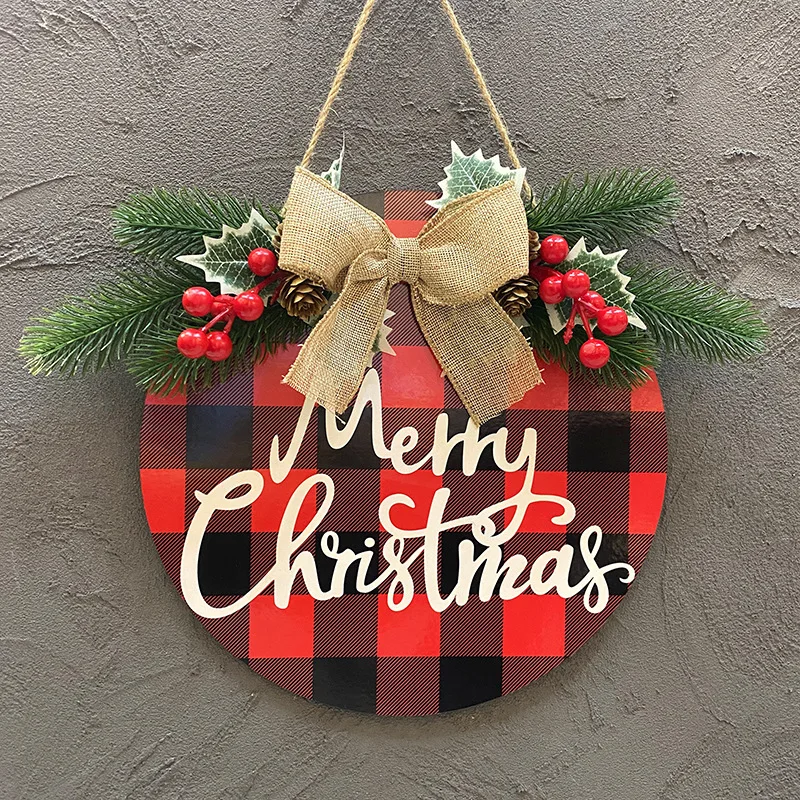 Christmas Round Wooden Door Wreath Sign Welcome Artificial Leaf Bow Decoration Holiday Front Door And Window Decoration Hanging