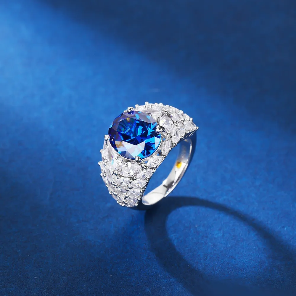 sapphire zircon blue crystal ring  925 Sterling Silver green color big Ring custom evening party jewelry