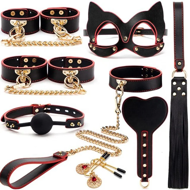 BDSM Kits Genuine Leather Bondage Set Fetish Handcuffs Collar Gag Whip Erotic Sex Toys for Women Couple Adult Games