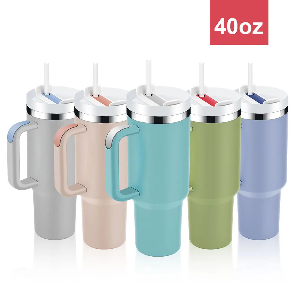 Custom Logo Double Wall Car Travel Sports Mug 40 oz Stainless Steel Insulated Coffee Beer Tumbler With Handle And Straw