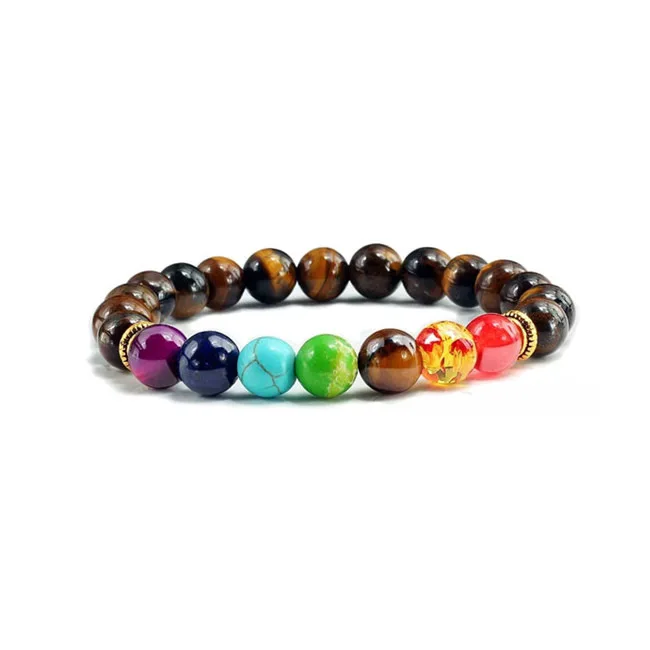 Wholesale natural volcanic stone 7 chakra beaded bracelet colorful copper piece bracelet fashion spiritual healing jewelry
