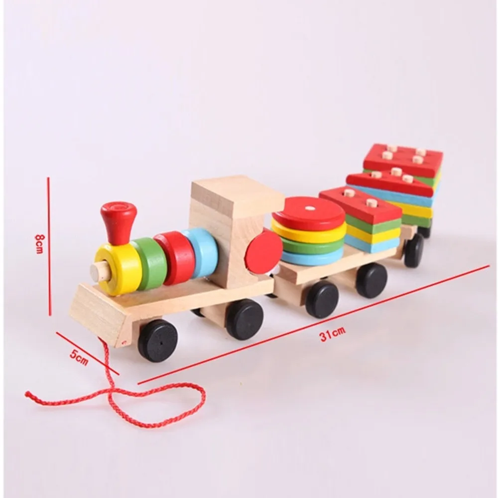 Montessori Wooden Train Truck Blocks Educational Learning Toys Geometric Children Kids Building Bricks Gift