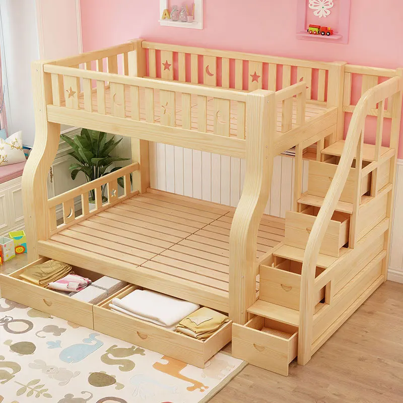 Hotel Kids Bed Set Solid Wood loft Double Queen Wooden Modern Bedroom Space Saving Wooden Bunk Bed With Stairs