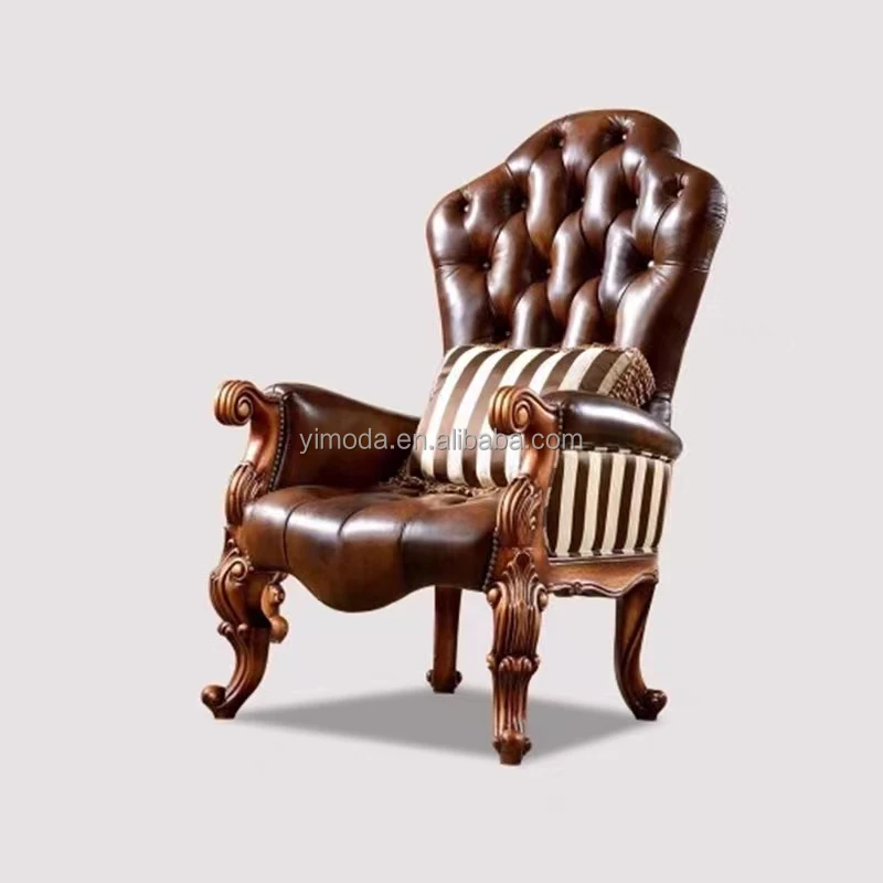 American Vintage Wooden Antique Upholstered Luxury chesterfield brown leather Accent Carved Chairs