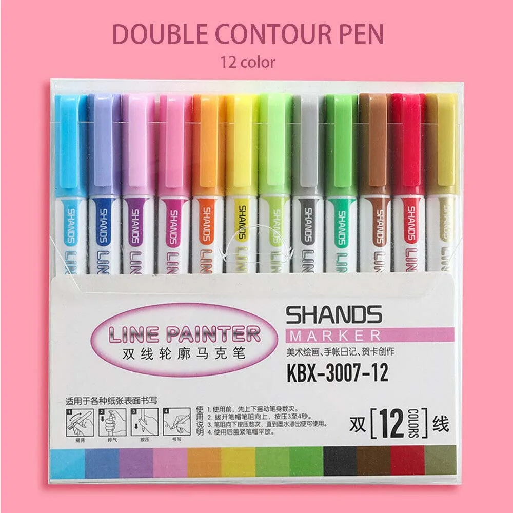
Drawing Double Line Outline Pen Highlighter Marker 4/8/12 Color Pens For School 