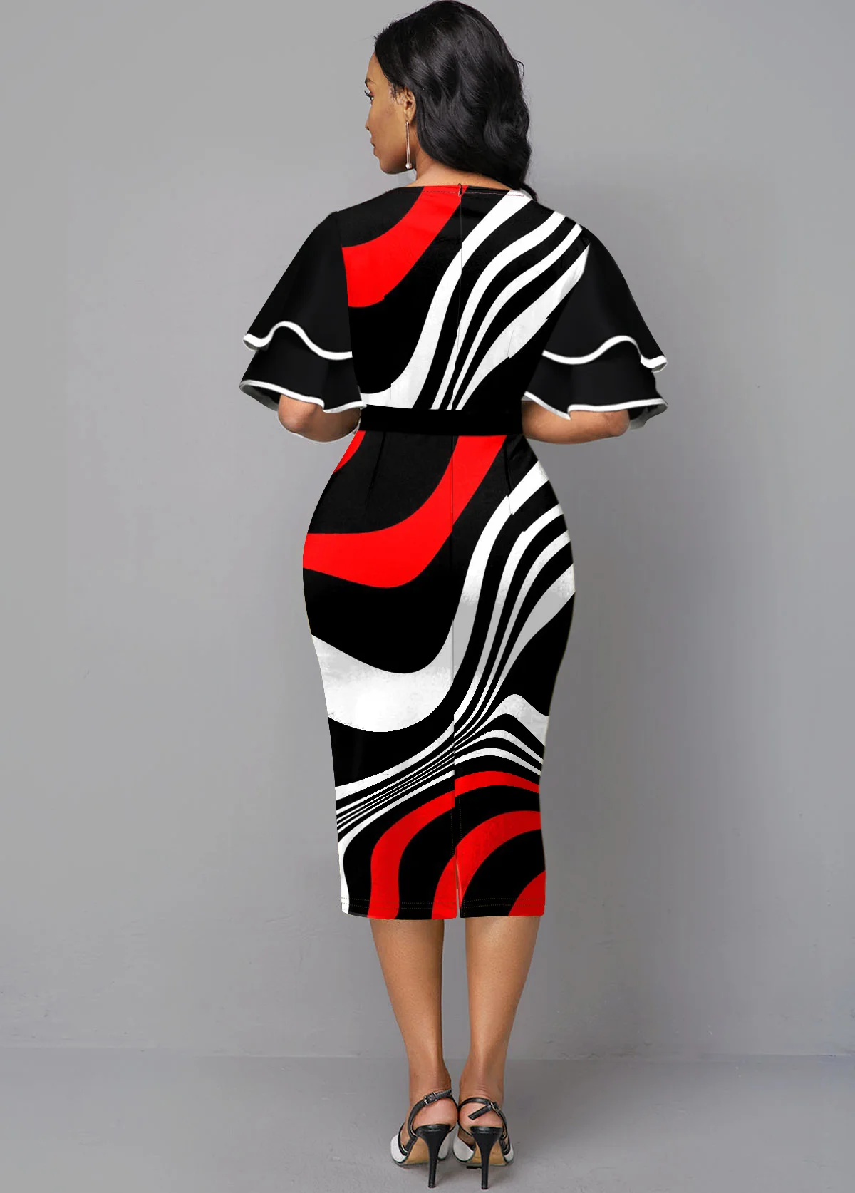 Color Block Flare Sleeve Round Neck Dress