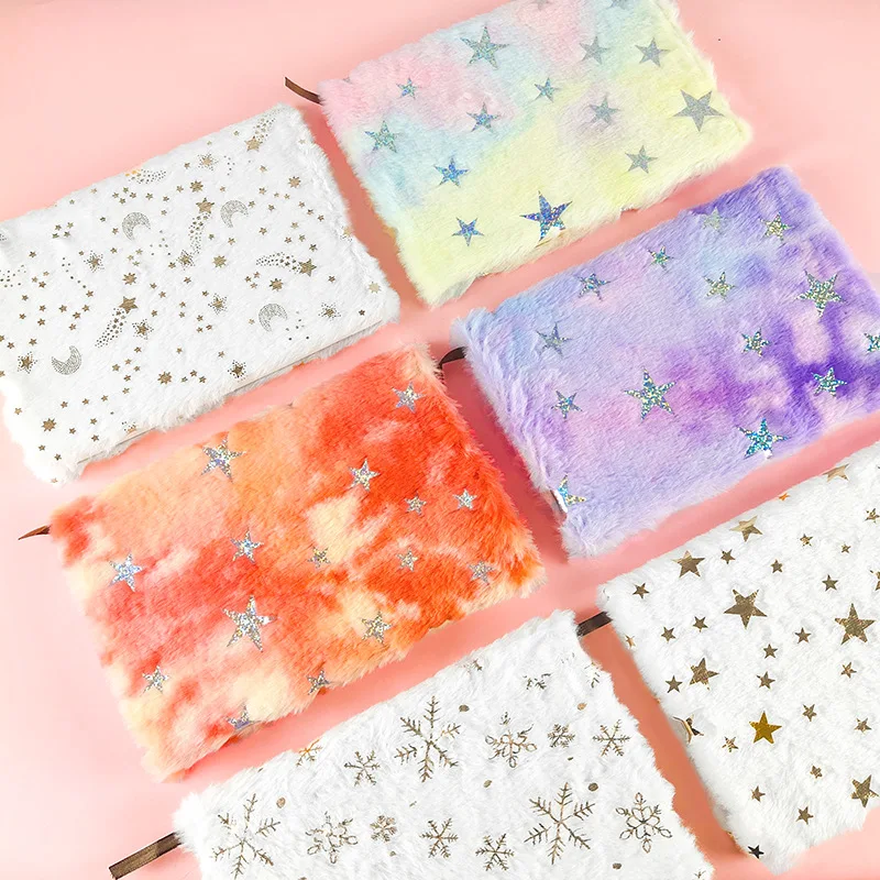 Soododo 80-Page Notebook Gold Stars Embroidery A5 Plush Fabric Cover Student Cross-Border Prize Diary Notepad Magnetic Style