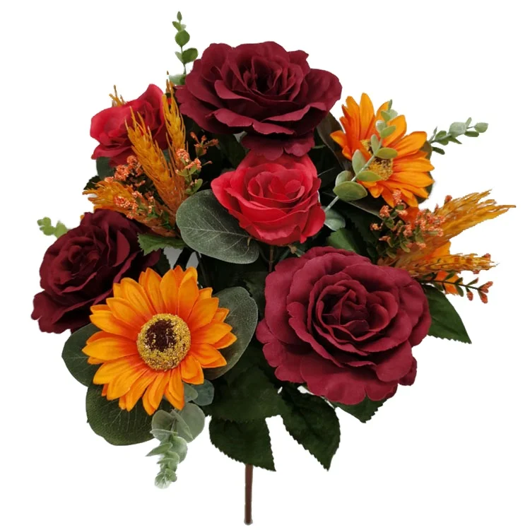 Artificial Fall FLowers Rose bunch Thanksgiving  yellow maple leaves and berries fall decoration Autumn flowers