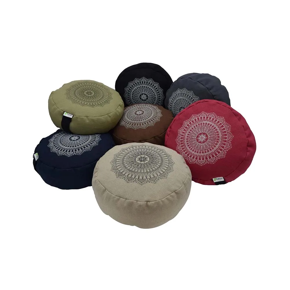 Hemp Round Zafu Meditation Cushion Handmade Modern Circular Bean Products - Mandala Design - Made in USA Organic Cotton Badding