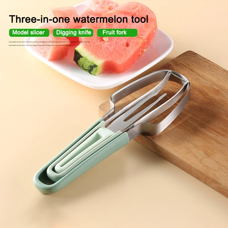Rayshine 3-In-1 Stainless Steel Portability Watermelon Fruit Fork Slicer Cutter Watermelon Cutter For Camping Kitchen Gadgets