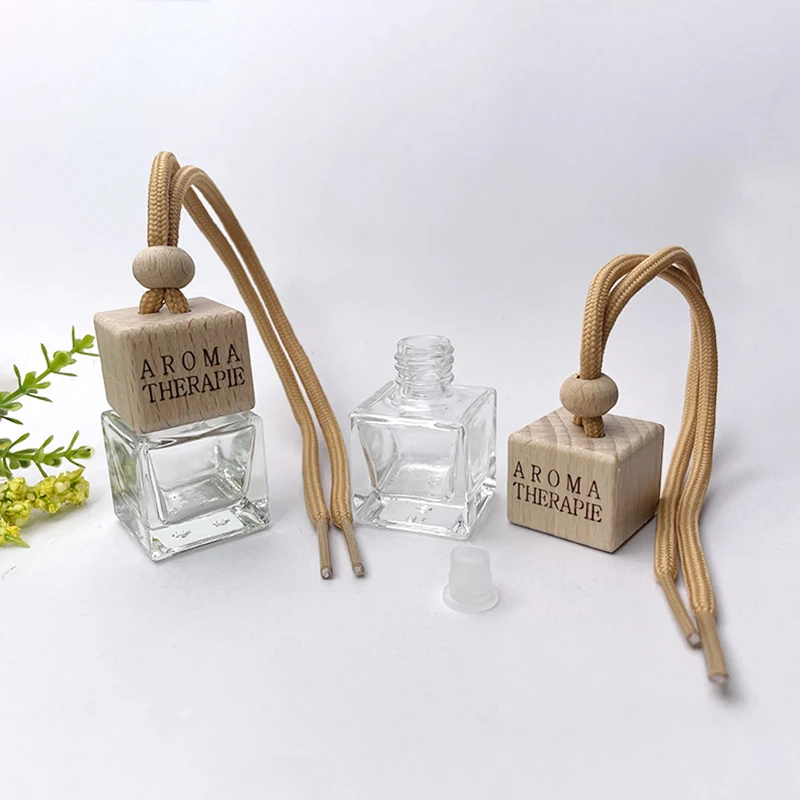Customized logo Square Shape Glass Car Perfume Bottles Pendant 8ml Empty Hanging Car Diffuser Bottle