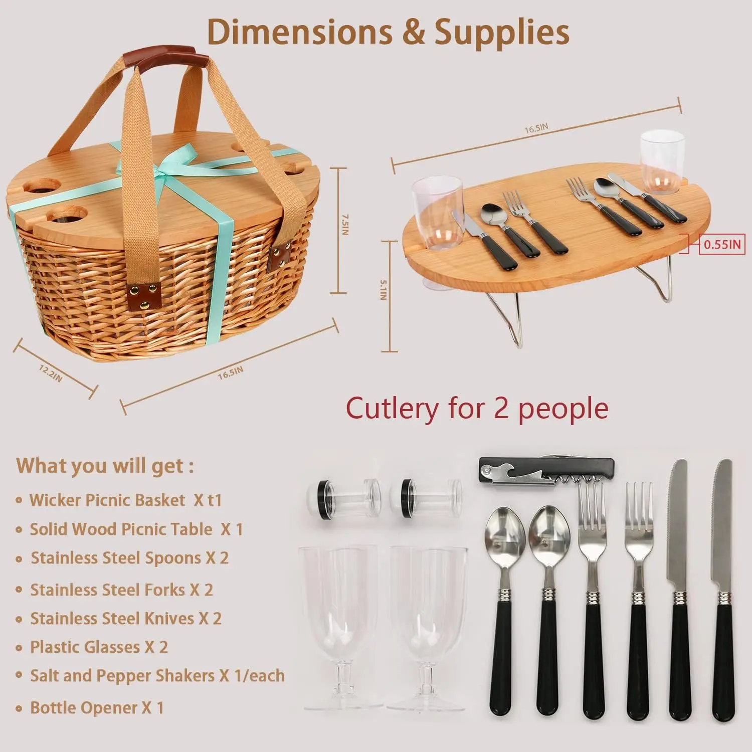 Wicker Picnic Basket Set for 2 with Folding Wine Picnic Table & Large Insulated Cooler Bag & Cutlery Service Kits for 2 Person
