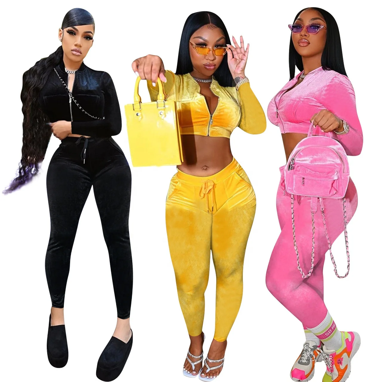 New Arrival 2021 Velvet Zipper Crop Top Women Tracksuit 2 Piece Set Casual Two Piece Pants Set