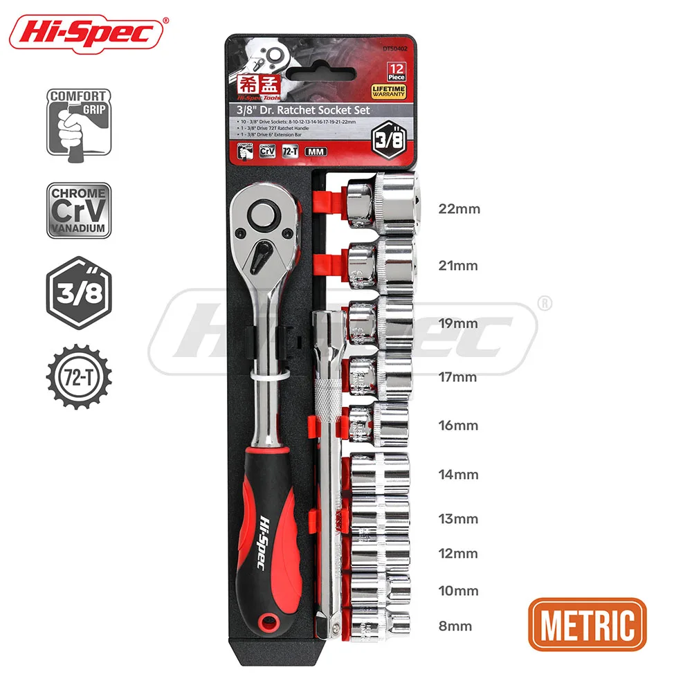 12pc 3/8 CrV Metric Small Socket Tool Kit Set. Ratchet Wrench Handle, 8 - 21mm Sockets & Extension Bar on Rail Holder. OEM Ready