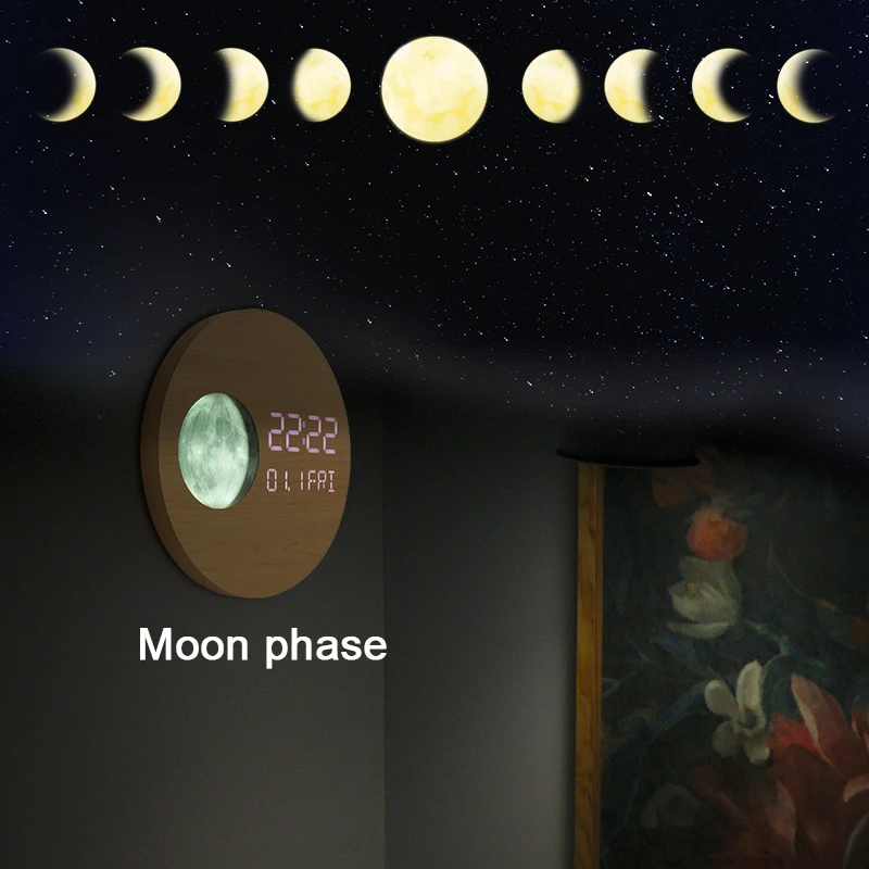 EMAF 12 inch large luxury LED simulation Moon Phases wooden LED digital wall clock minimalist decorative modern wall clock