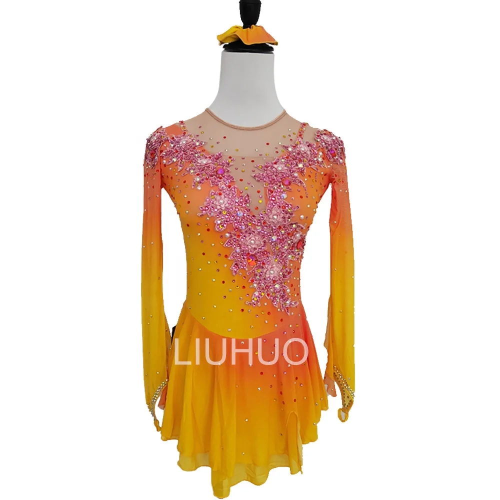 Kids Girls Figure Ice Skating Roller Skating Ballet Dance Leotard Dress Lace floral orange dress