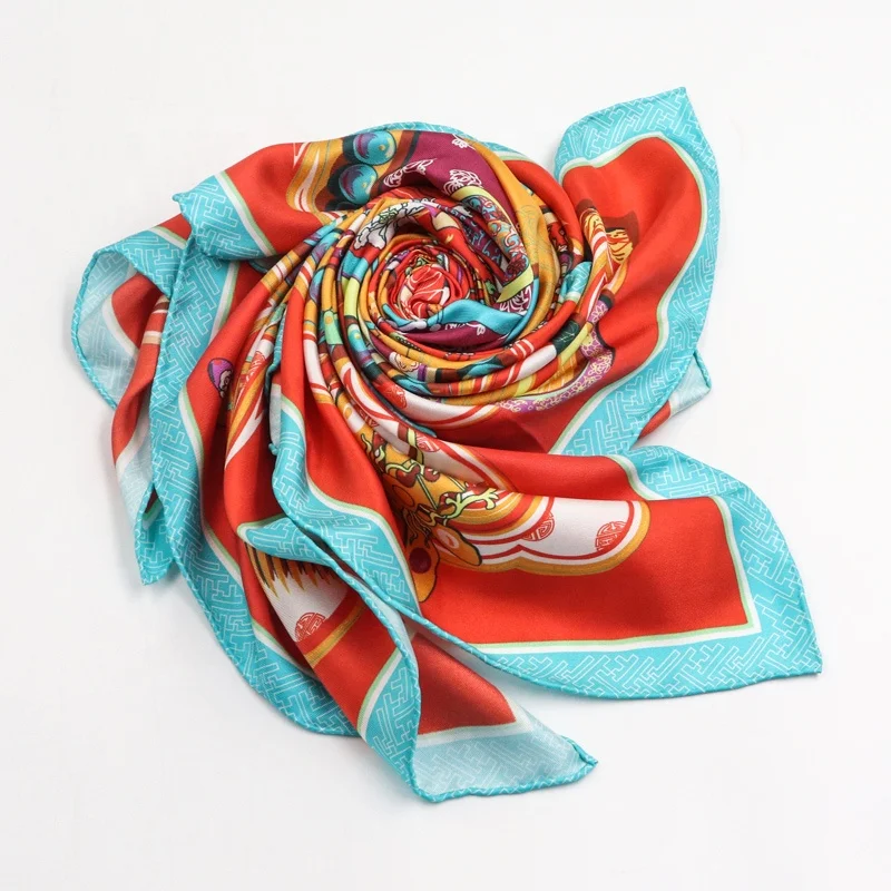Wholesale the Belt and Road country pattern silk scarves red blue color twill silk scarf for spring clothing embellishment