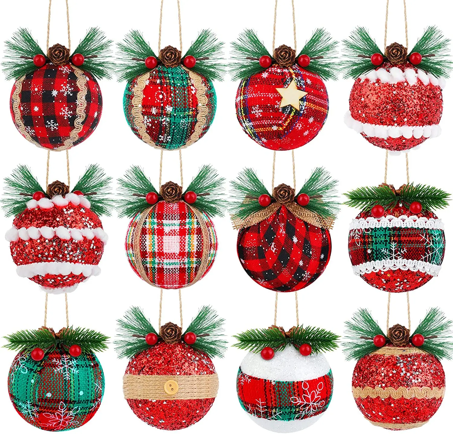 12 Styles Christmas Ball Ornaments  Christmas Tree Baubles Rustic Hanging Ornaments with Snowflake Pine Cones and Berries