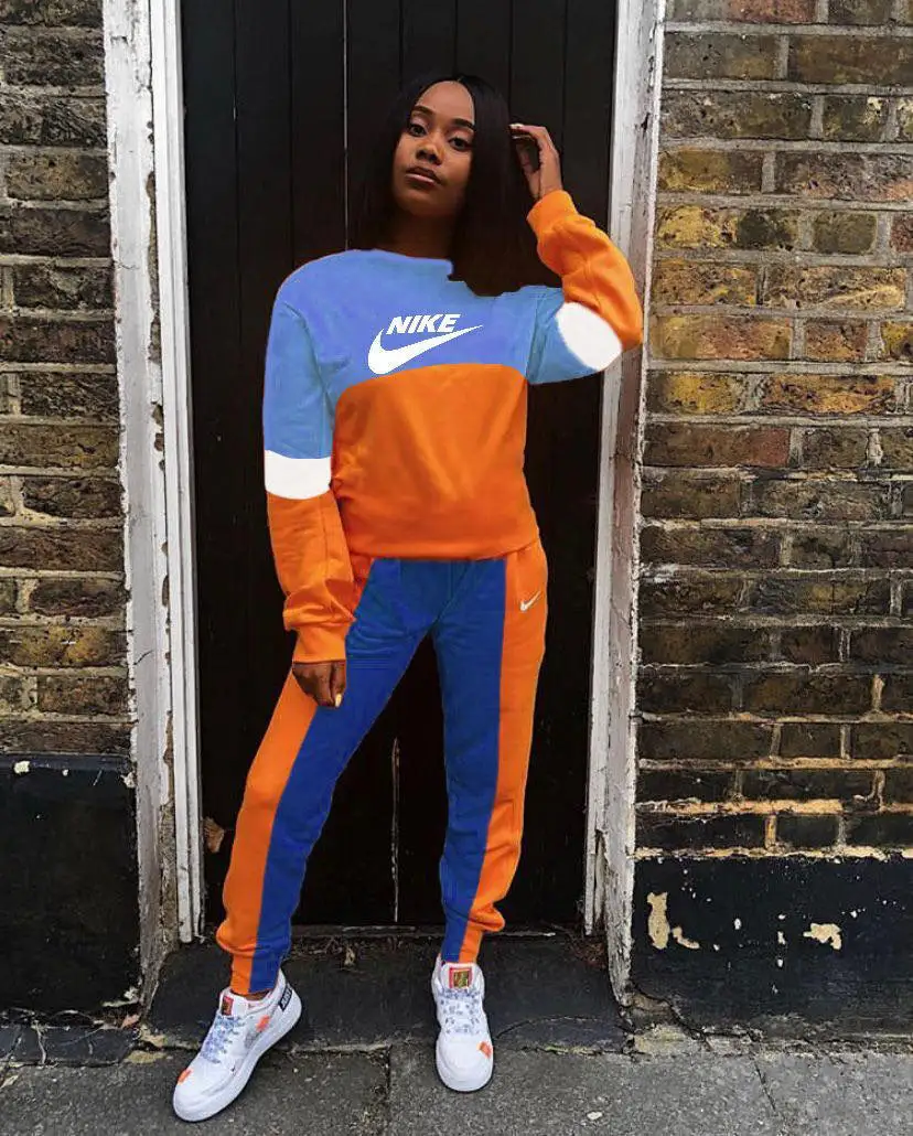 Hot Sale Keep Warm Patchwork Contrast Color Nike Long Sleeve Fitness Women Matching Yoga 2 Piece Pants Set Crewneck Sweatsuit