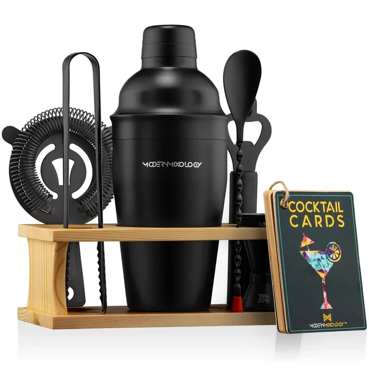 Top Seller 2024 Matte Black Cocktail shakers Bartending Gift Set With Wooden Stand