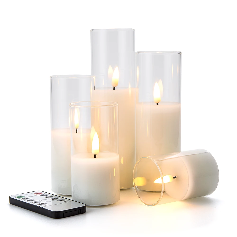 Set of 5 home decoration pillar white glass warm light remote flickering led candle