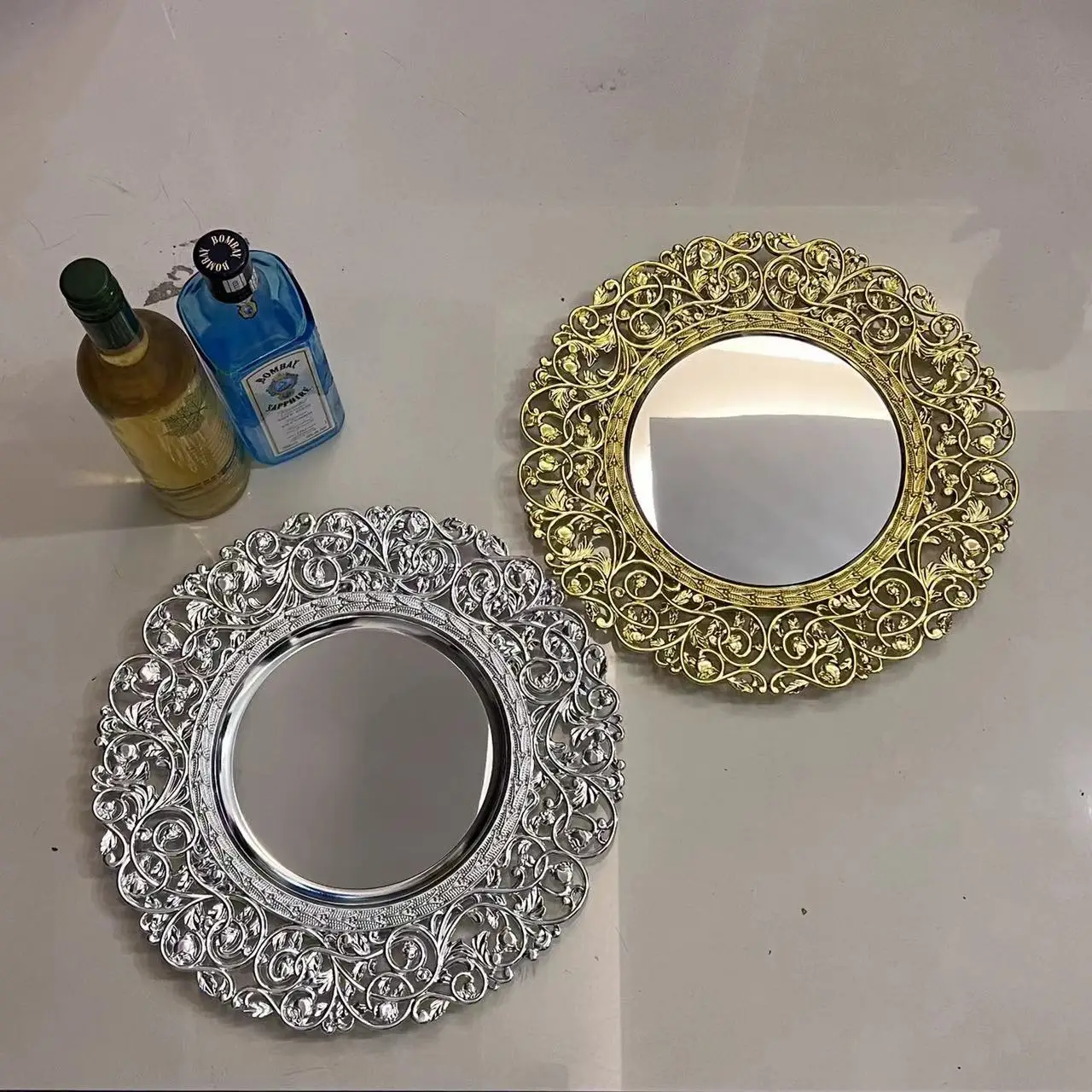 2023 new luxury round 37cm  decorative mirror underplate wide gold silver rim wedding dinner charger plates