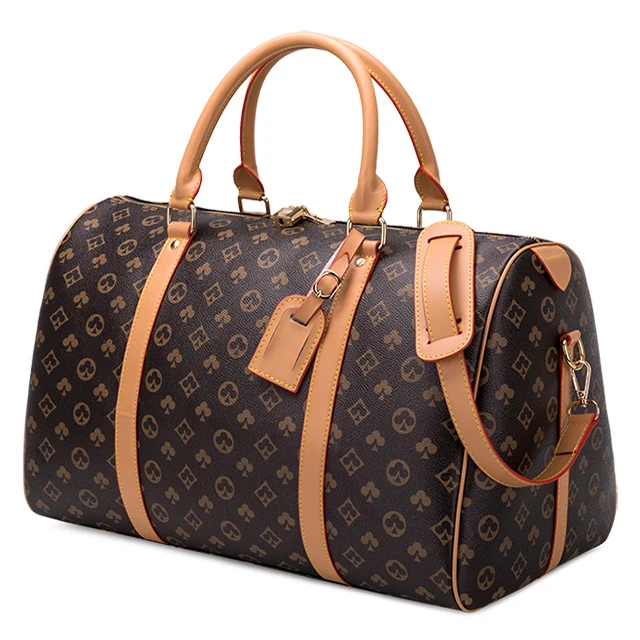 Custom Brand Logo Printed Black Zipper Luggage Travel Bags Checkered Vintage Weekender Luxury Men Women Hand Leather Duffle Bag