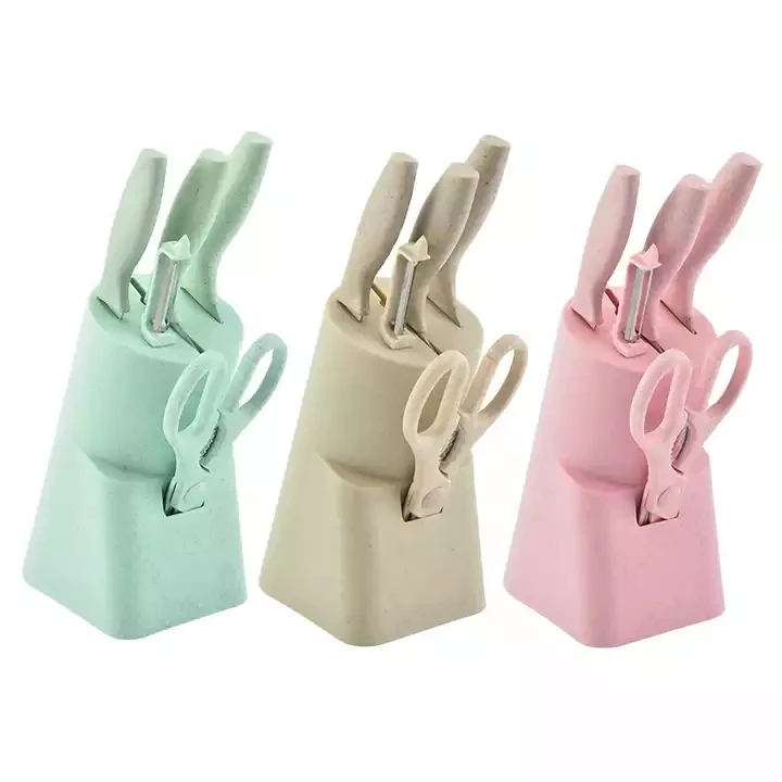 WONDERFUL 6pcs Non-Stick Coating Multi Colourful Chef Kitchen Knife Set Kitchen Meat Cleaver With Wheat Straw Handle