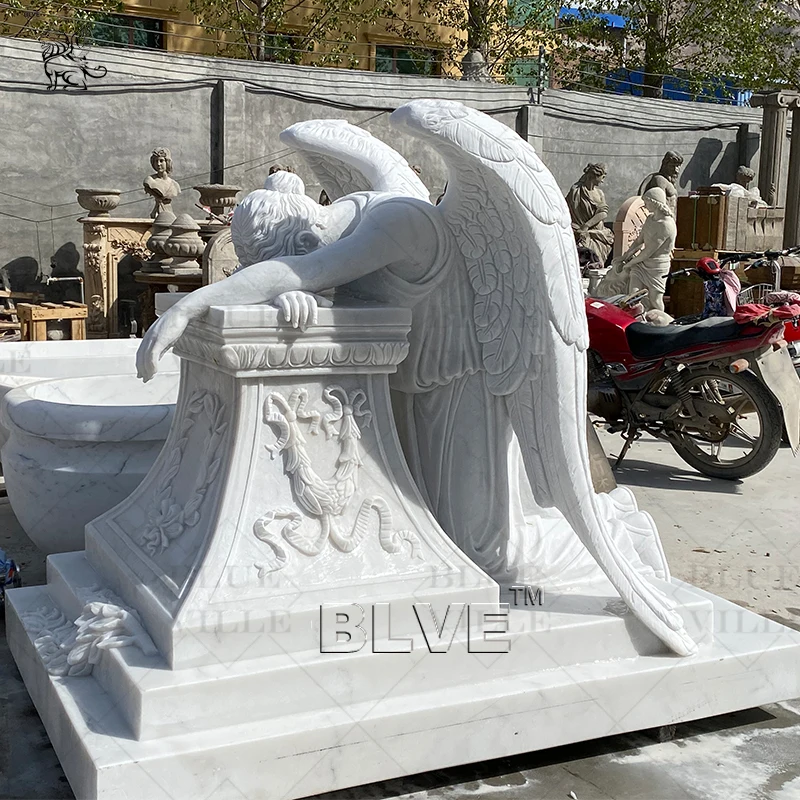 BLVE Custom Outdoor Cemetery White Natural Stone Marble Kneeling Angel Statue Tombstone Monument Gravestone