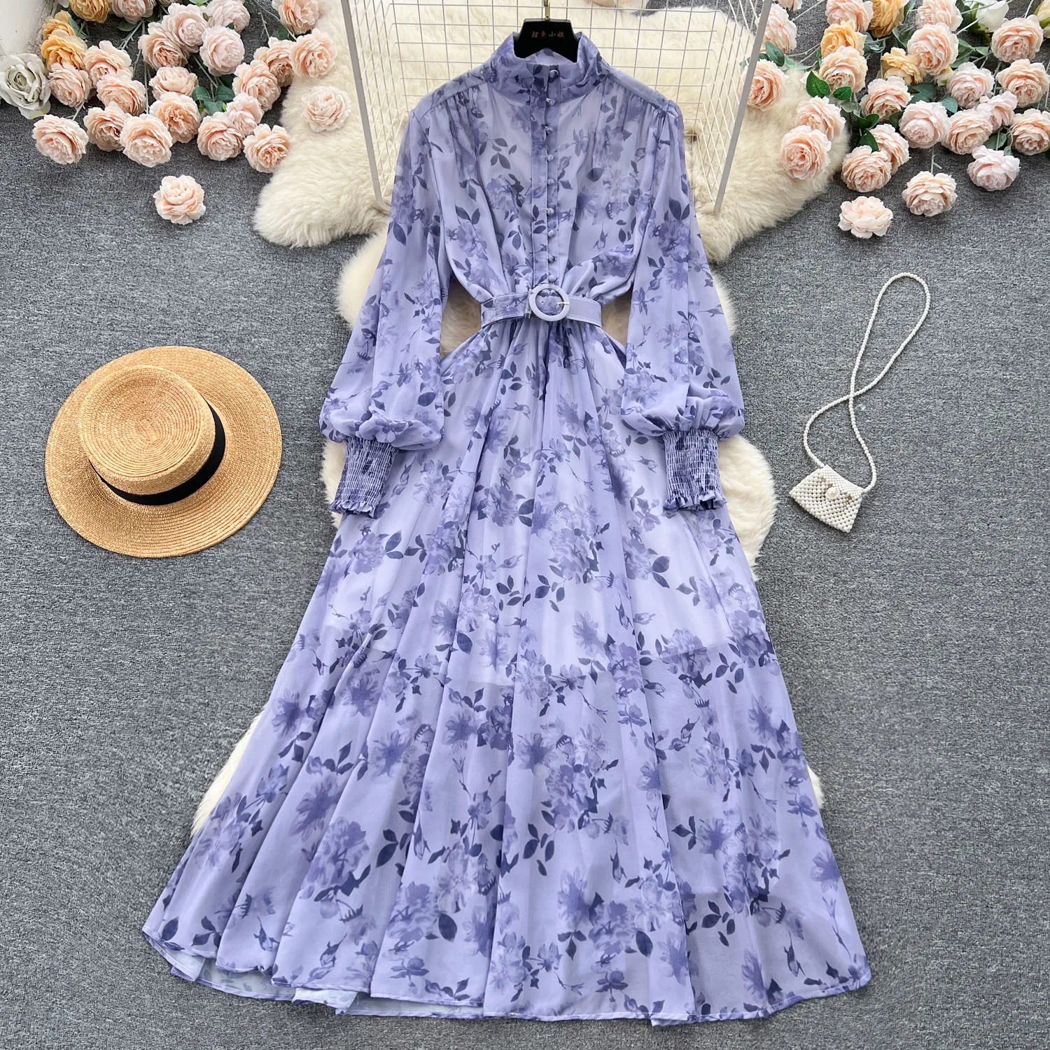 Wholesale new fashion french style maxi bubble long sleeve print ladies shirt floral fall casual chiffon dresses women